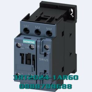 3RT2024-1AR60 Công tắc tơ, AC-3e/AC-3, 12 A, 5,5 kW / 400 V, 3 cực, 400 V AC, 50 Hz / 400-440 V, 60 Hz, tiếp điểm phụ: 1 NO + 1 NC, đầu cực vít , kích thước: S0