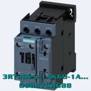 3RT2025-1AK60-1AA0 Công tắc tơ, AC-3e/AC-3, 17 A, 7,5 kW / 400 V, 3 cực, 110 V AC, 50 Hz / 120 V, 60 Hz, tiếp điểm phụ: 1 NO + 1 NC, đầu nối vít, kích thước : S0, vị trí lắp thẳng đứng