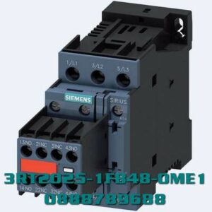 3RT2025-1FB48-0ME1 Công tắc tơ, AC-3e/AC-3, 17 A, 7,5 kW / 400 V, 3 cực, 24 V DC, có kết hợp điốt cắm vào, tiếp điểm phụ: 3 NO + 2 NC, đầu nối vít, kích thước: S0 , với 3RH2911-1HA21