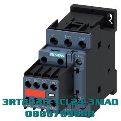 3RT2026-1CL24-3MA0 Công tắc tơ, AC-3e/AC-3, 25 A, 11 kW / 400 V, 3 cực, 230 V AC, 50/60 Hz, có biến trở cắm vào, tiếp điểm phụ: 2 NO + 2 NC, đầu cực vít , kích thước: S0, công tắc phụ cố định