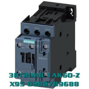 3RT2028-1AK60-Z X95 Công tắc tơ, AC-3e/AC-3, 38 A, 18,5 kW / 400 V, 3 cực, 110 V AC, 50 Hz / 120 V, 60 Hz, tiếp điểm phụ: 1 NO + 1 NC, đầu nối vít, kích thước : S0, bao bì có thể tái sử dụng, gói = 48 chiếc
