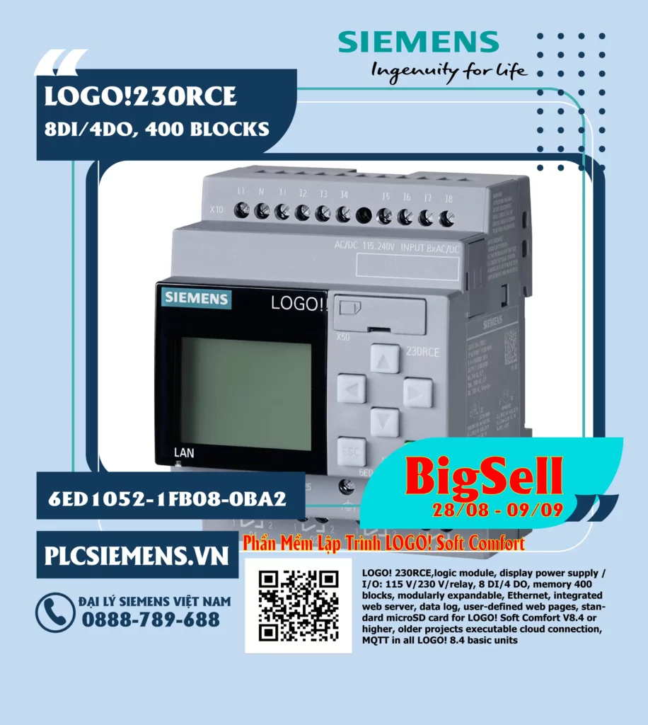 6ED1052-1FB08-0BA2LOGO!230RCE, 8DI/4DO, 400 Blocks