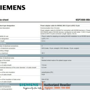 Cáp Adapter Nguồn 6GF3500-8BA20 - Kết nối Thiết bị MV500/MV400, Cổng M12/M16 12 chân, Dài 50cm