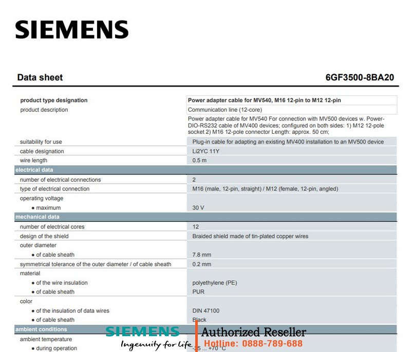 Cáp Adapter Nguồn 6GF3500-8BA20 - Kết nối Thiết bị MV500/MV400, Cổng M12/M16 12 chân, Dài 50cm 6GF3500-8BA20