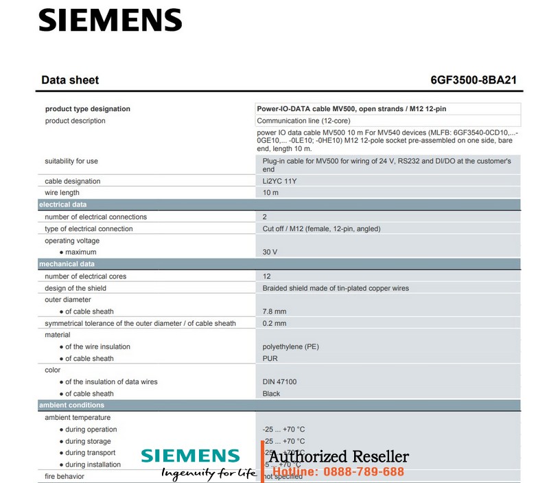 Cáp Kết Nối 6GF3500-8BA21 10m Cho Thiết Bị MV540 - Đầu M12 12 Chân, Một Đầu Lắp Sẵn 6GF3500-8BA21