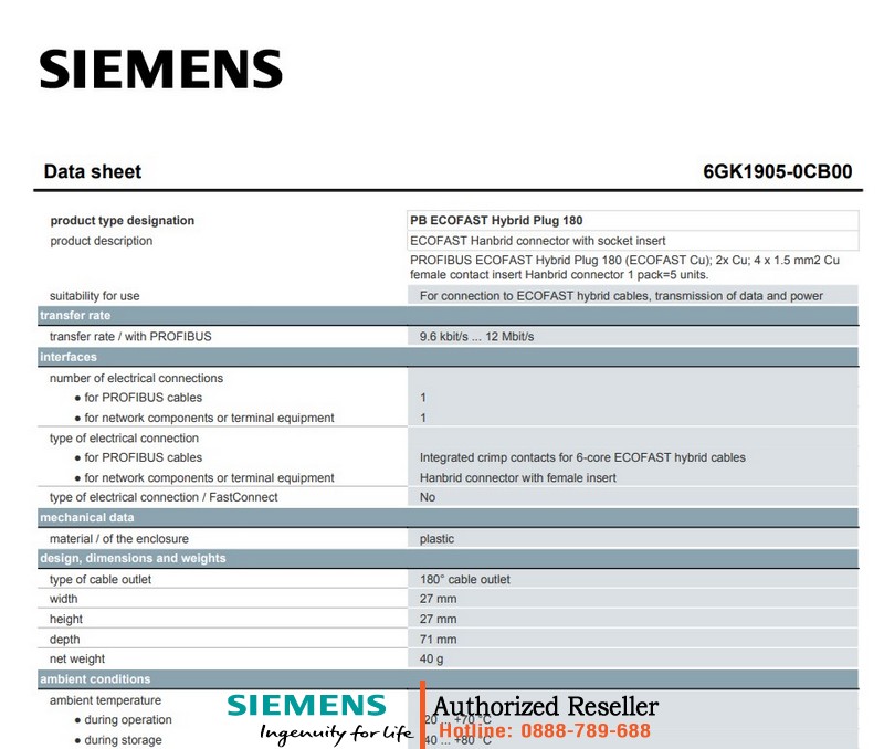 Đầu Nối Hybrid PROFIBUS ECOFAST 180 6GK1905-0CB00 - Cáp Đồng, Kết Nối Chắc Chắn, Chất Lượng Cao 6GK1905-0CB00