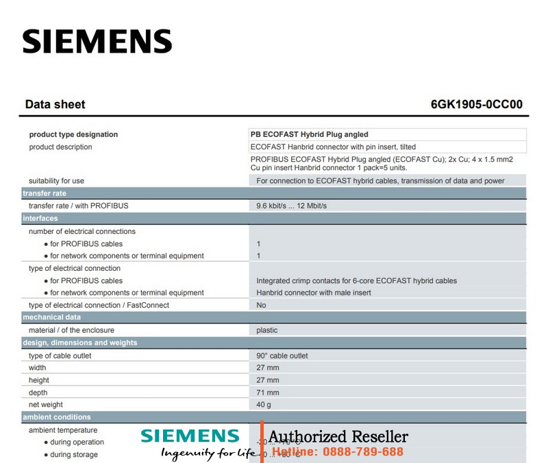 Đầu Nối Góc PROFIBUS ECOFAST Hybrid 6GK1905-0CC00 - Hanbrid, 2x Đồng, 4x1.5mm² 6GK1905-0CC00