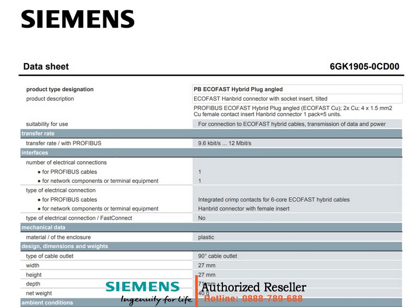 Đầu Nối Góc PROFIBUS ECOFAST Hybrid 6GK1905-0CD00 - Tiếp Điểm Đồng, 5 Cái/Hộp 6GK1905-0CD00