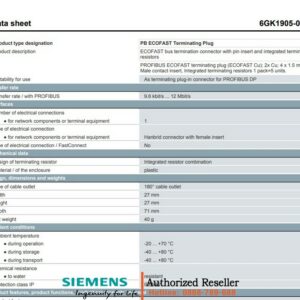Đầu Cắm Terminator 6GK1905-0DA00 PROFIBUS ECOFAST Đồng - Bộ 5 Cái, Trở Kháng 220Ω